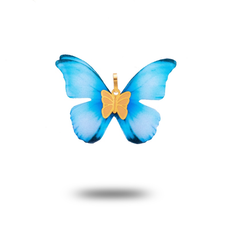 آویز طلا زنانه طرح پروانه پارچه ای آبی روشن